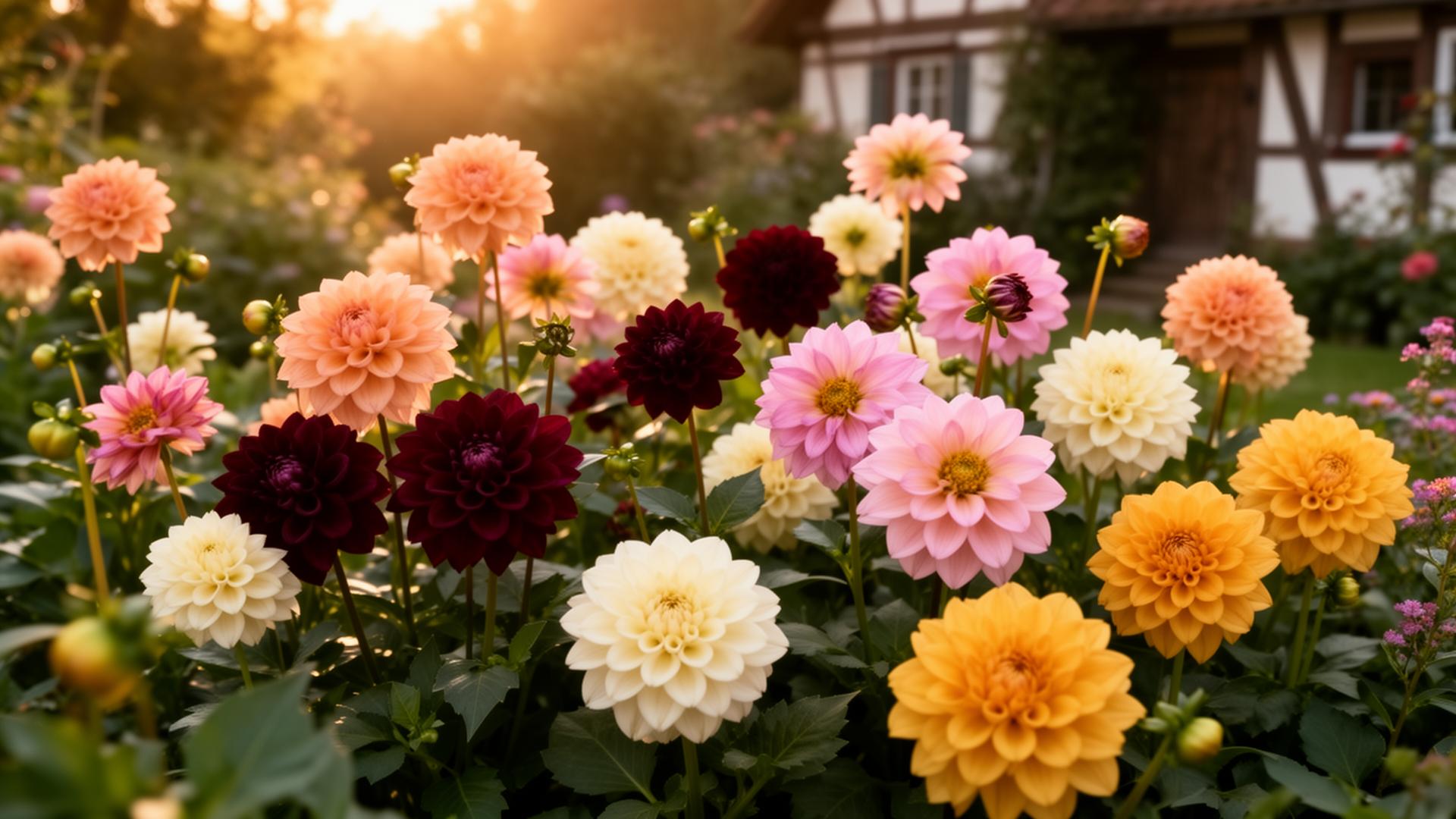 Ein Quadratmeter Garten voller Dahlien in Pfirsich, Burgunder, Creme und Rosa im warmen Abendlicht